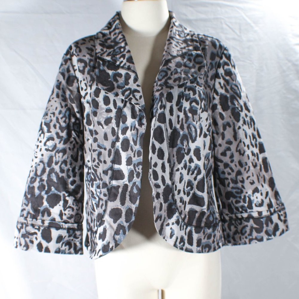 Vintage Y2K Blue Gray Leopard Animal Print Open Front Blazer Light Jacket